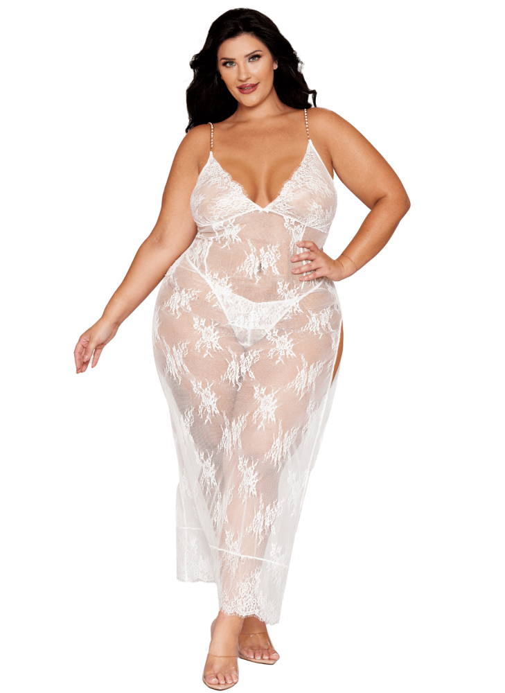Nuisette longue blanche grande taille en dentelle florale, string assorti - DG13667XWHT